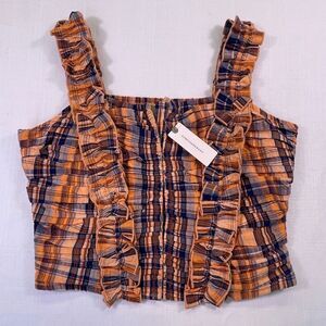 Verb By Anthropologie Orange Brown Blue Plaid Ruffled Tank Top Size Small NWT